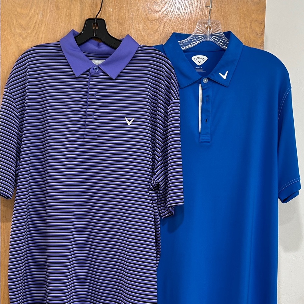 2 Men’s Callaway golf shirts! 1 Purple Striped Polo and 
1  Blue
